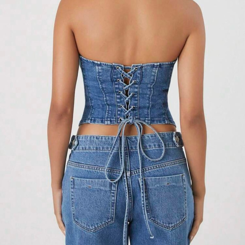 Forever 21 Denim Lace-Up/Zipped corset Tube Top